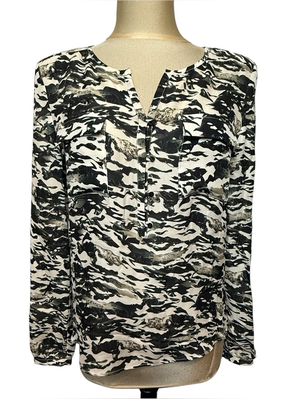 Parker Marissa Silk Blouse Camo Print Button Front Small